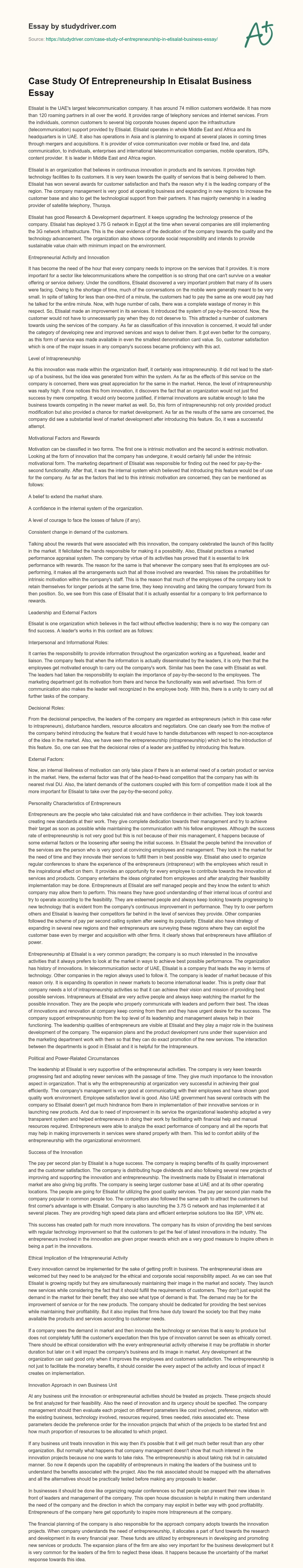 Case Study of Entrepreneurship in Etisalat Business Essay essay