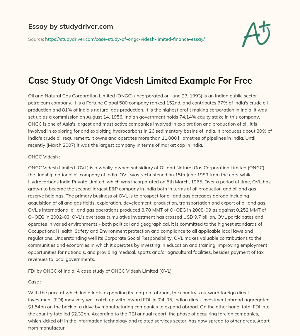 Case Study of Ongc Videsh Limited Example for Free essay