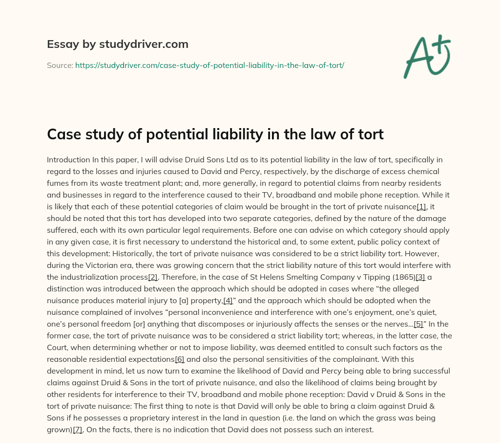 Case Study of Potential Liability in the Law of Tort essay