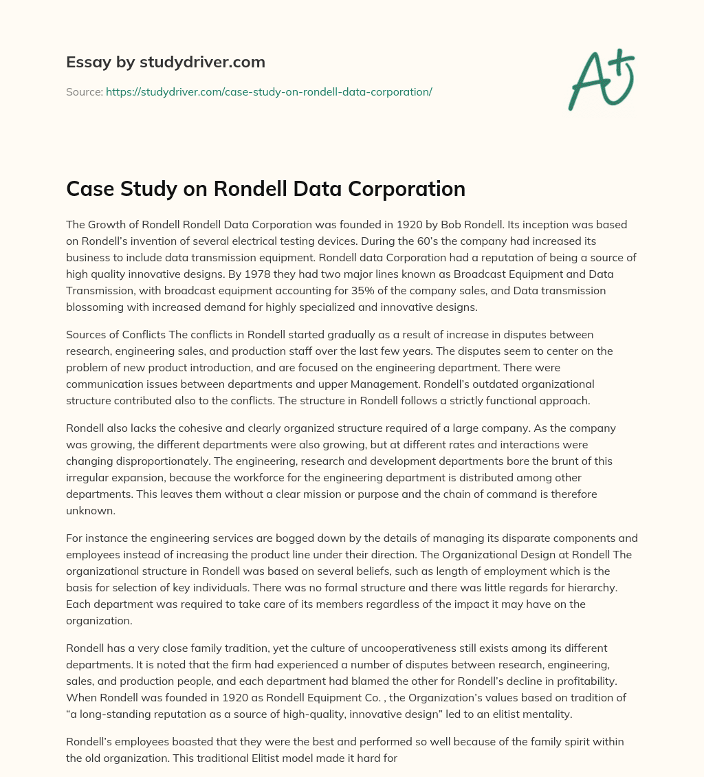 Case Study on Rondell Data Corporation essay