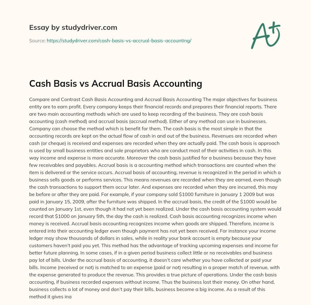 Cash Basis Vs Accrual Basis Accounting essay