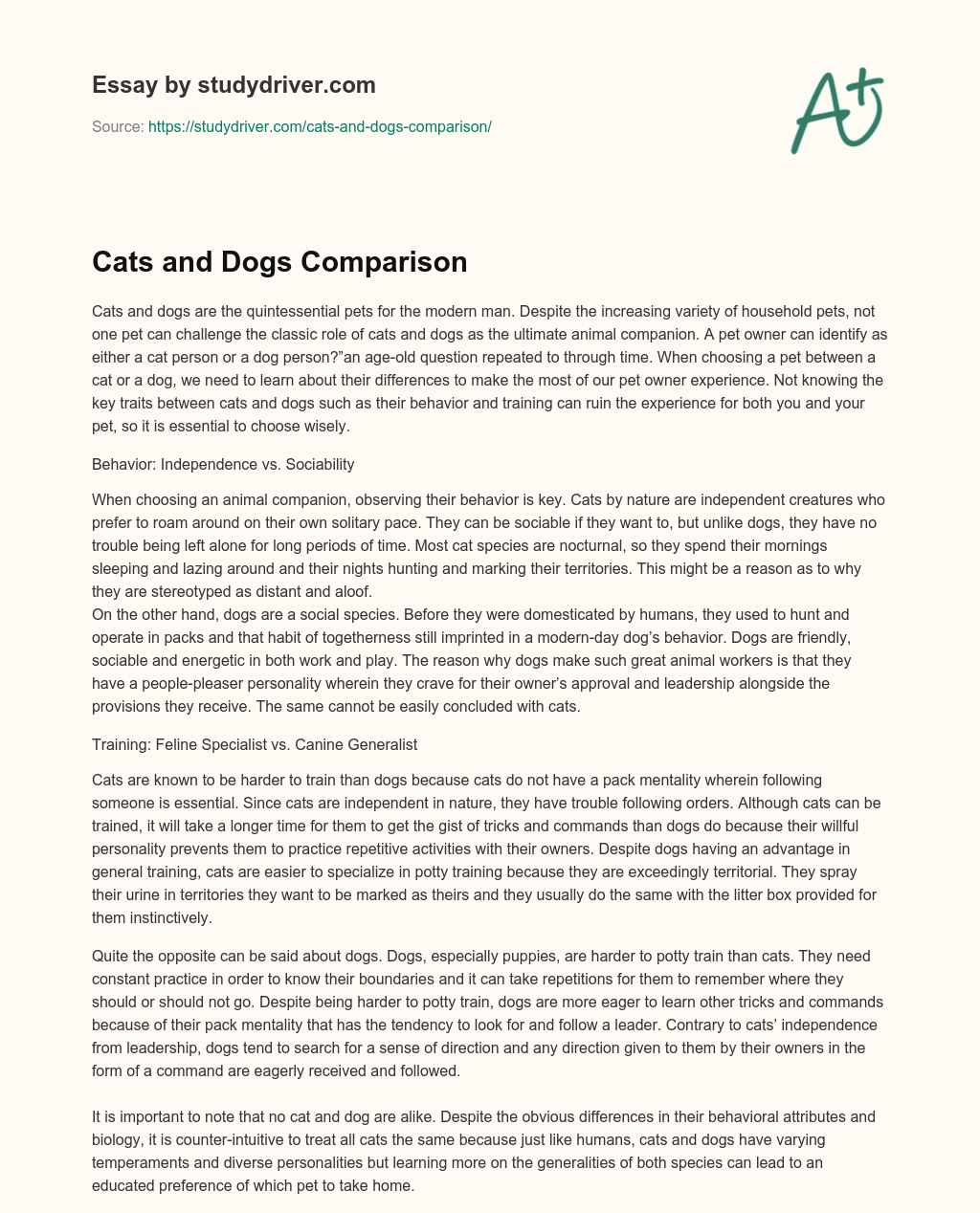 Cats and Dogs Comparison essay