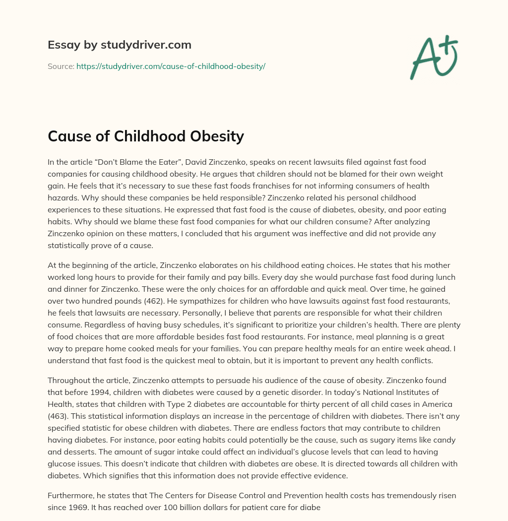 Cause of Childhood Obesity essay