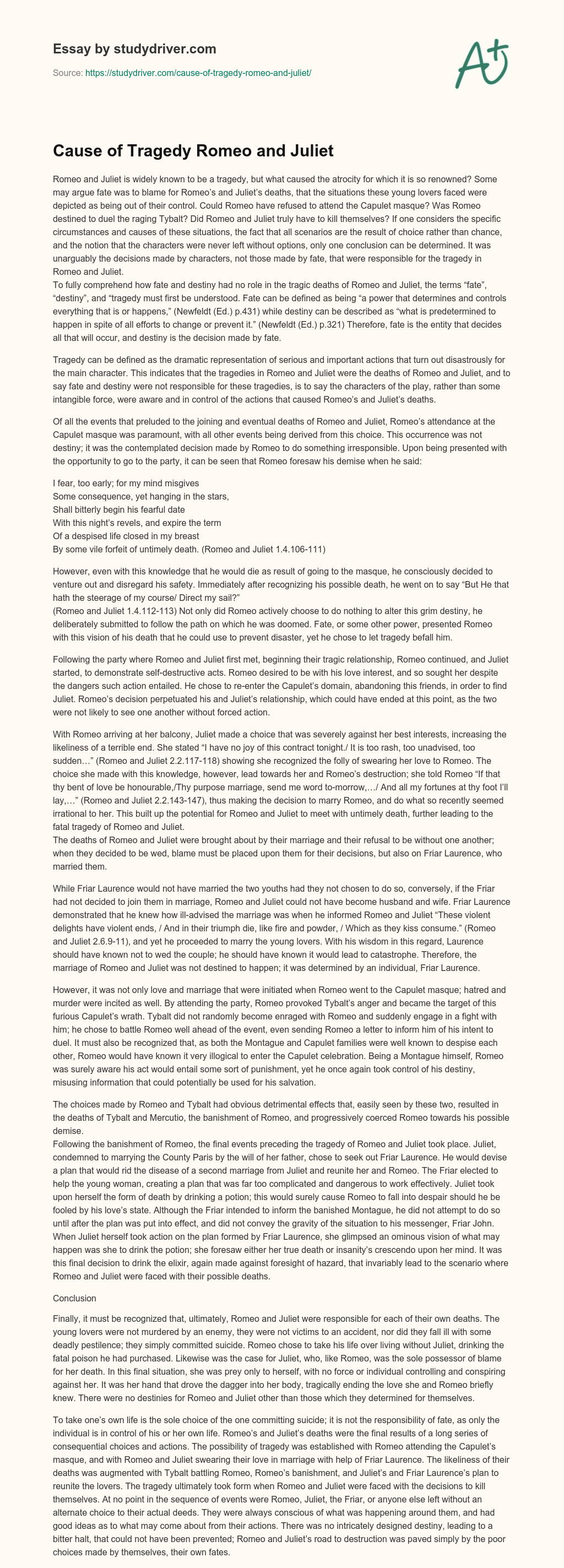 Cause of Tragedy Romeo and Juliet essay