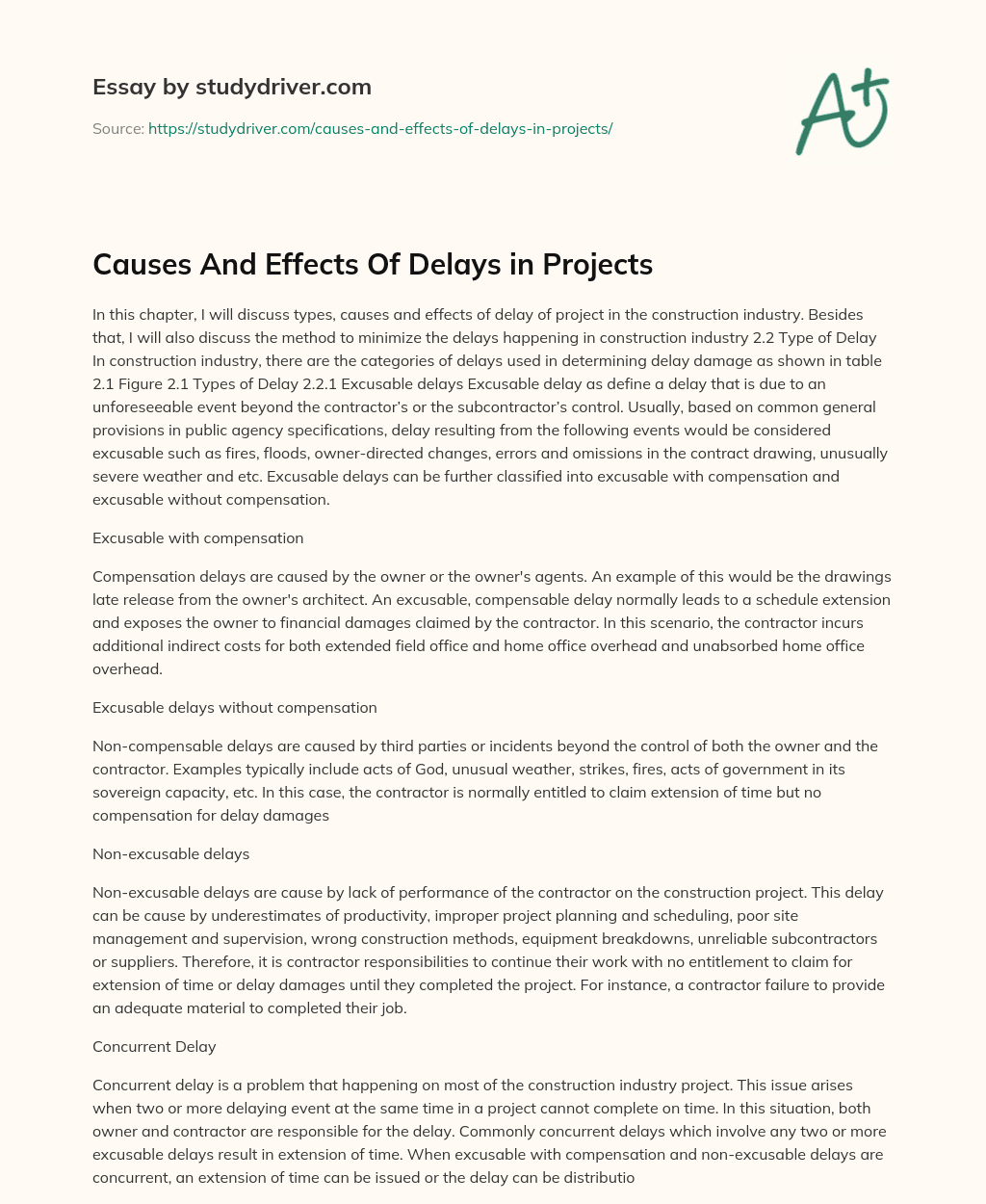 Causes And Effects Of Delays In Projects - Free Essay Example ...