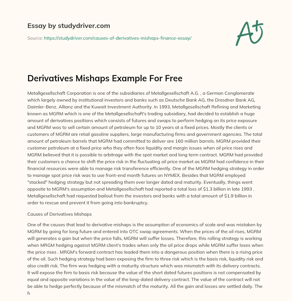 Derivatives Mishaps Example for Free essay