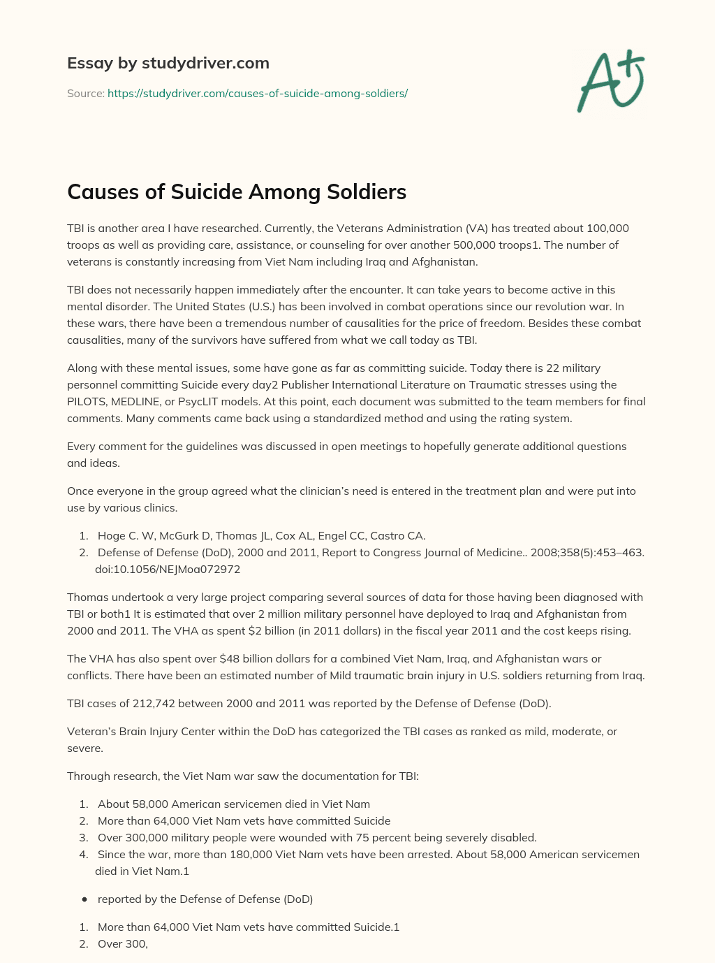 Causes of Suicide Among Soldiers essay