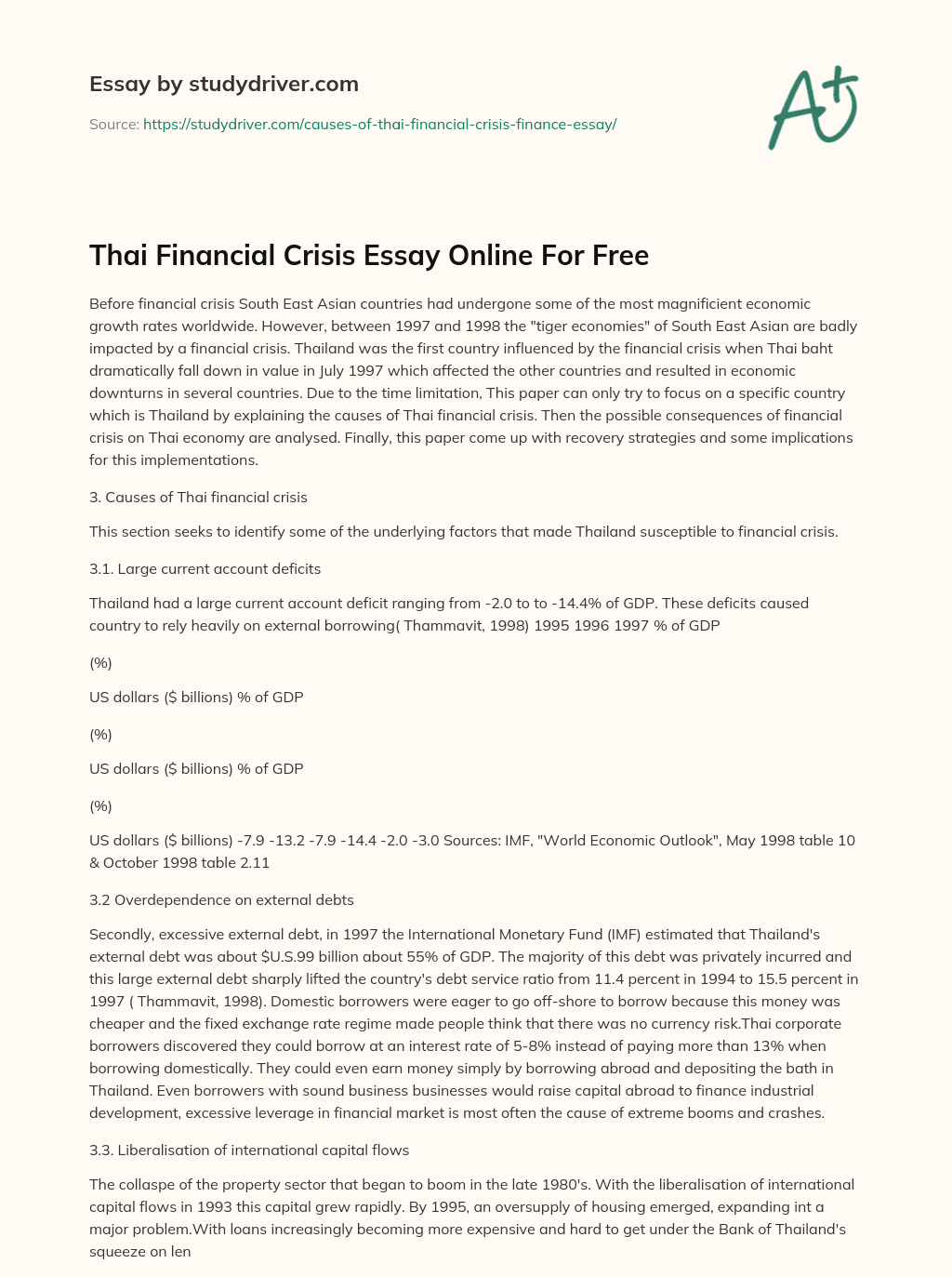 Thai Financial Crisis Essay Online for Free essay