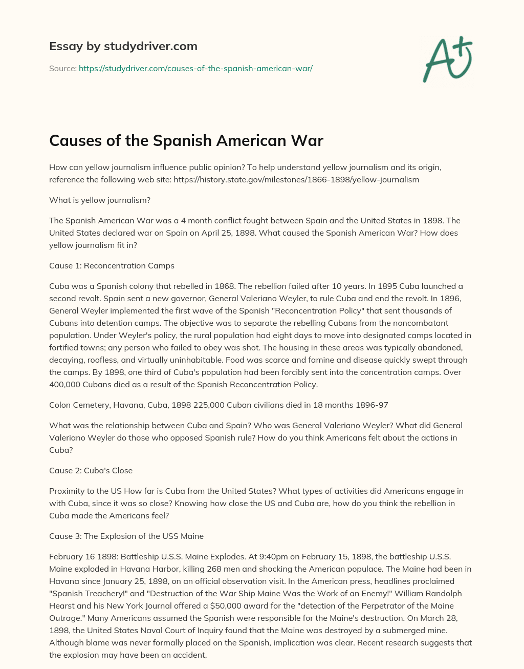 Causes of the Spanish American War essay