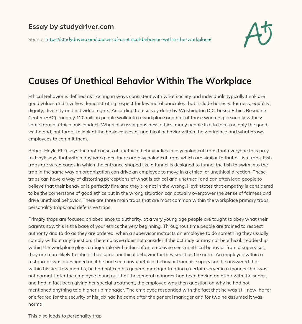 Causes of Unethical Behavior Within the Workplace essay