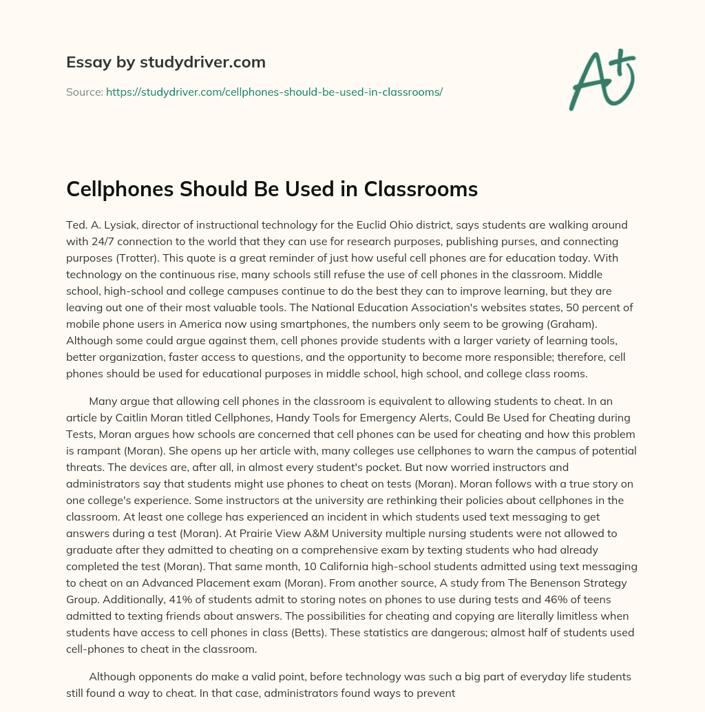 Cellphones should be Used in Classrooms essay