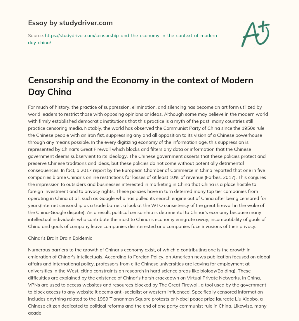 Censorship and the Economy in the Context of Modern Day China essay