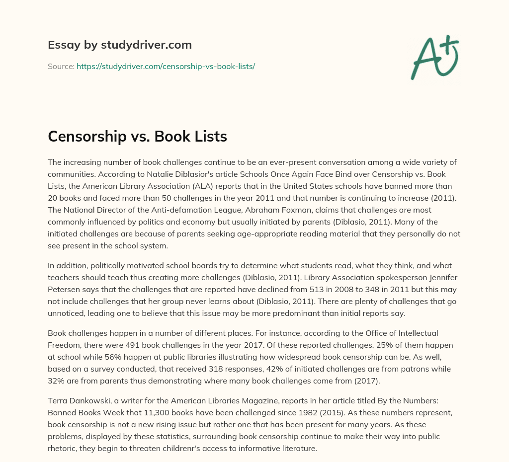 Censorship Vs. Book Lists essay