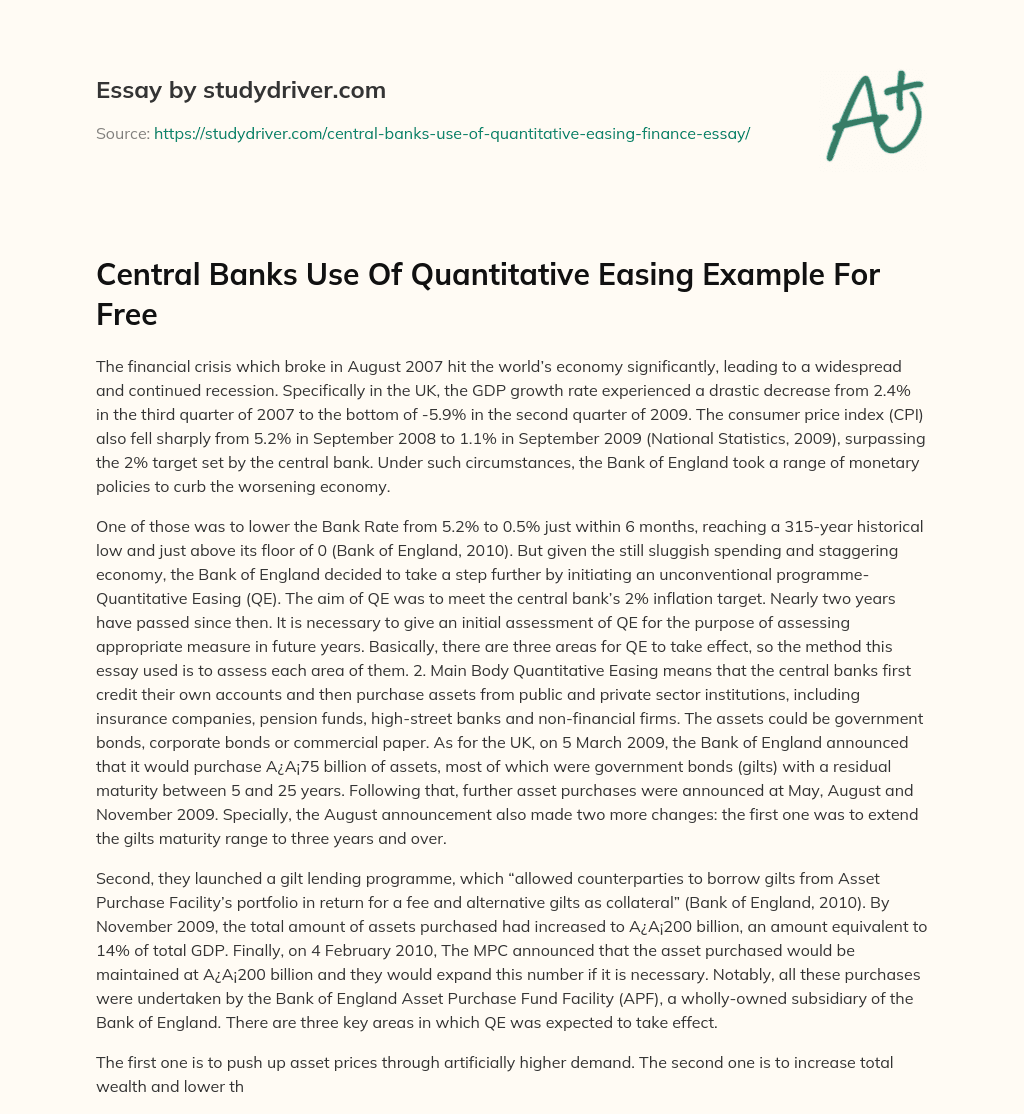 Central Banks Use of Quantitative Easing Example for Free essay