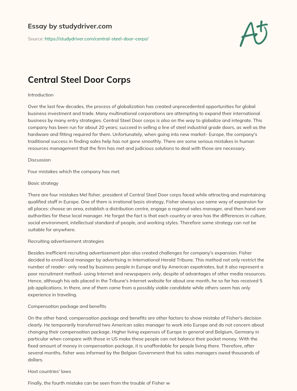 Central Steel Door Corps essay