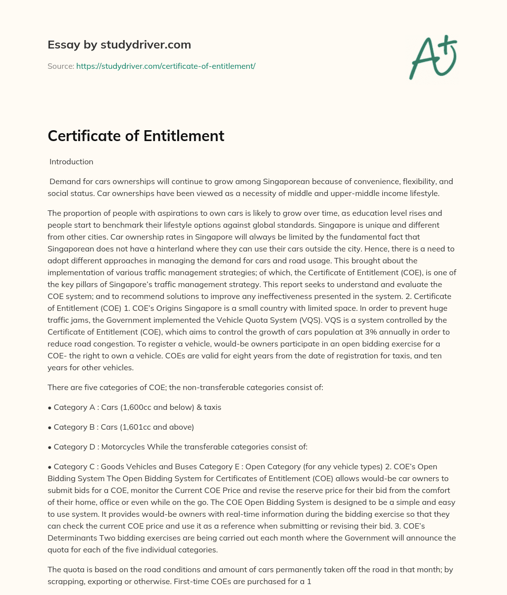 Certificate of Entitlement essay