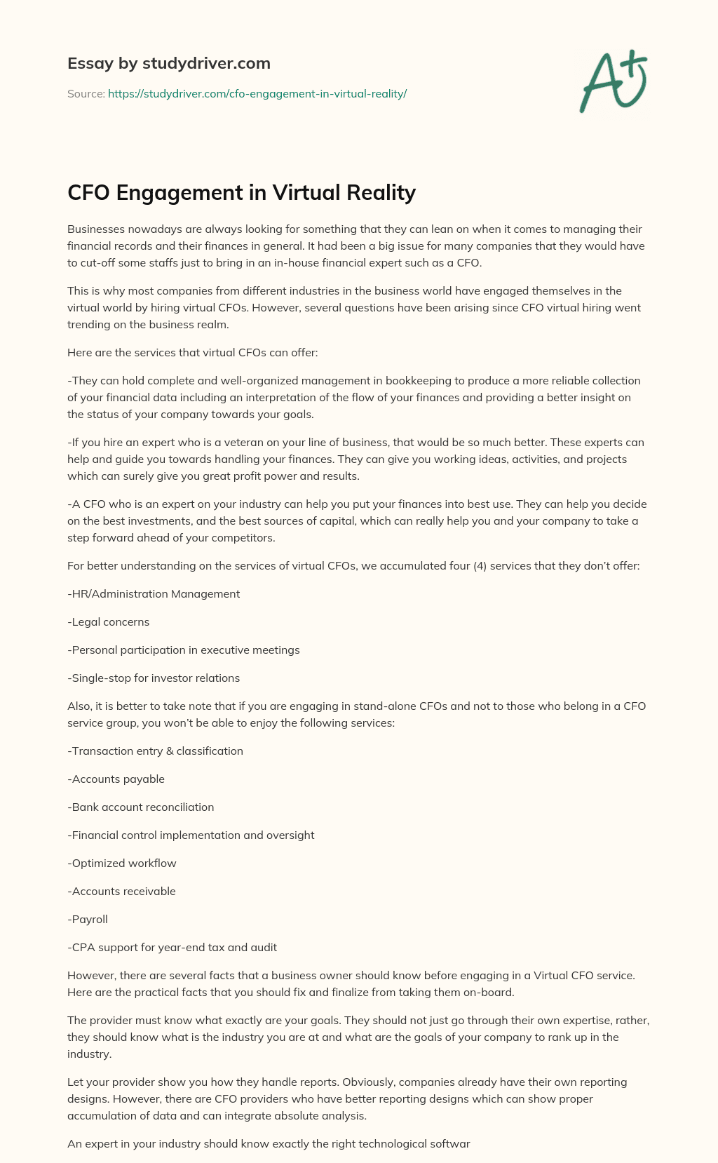 CFO Engagement in Virtual Reality essay