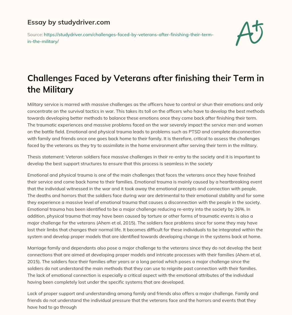 Challenges Faced by Veterans after Finishing their Term in the Military essay
