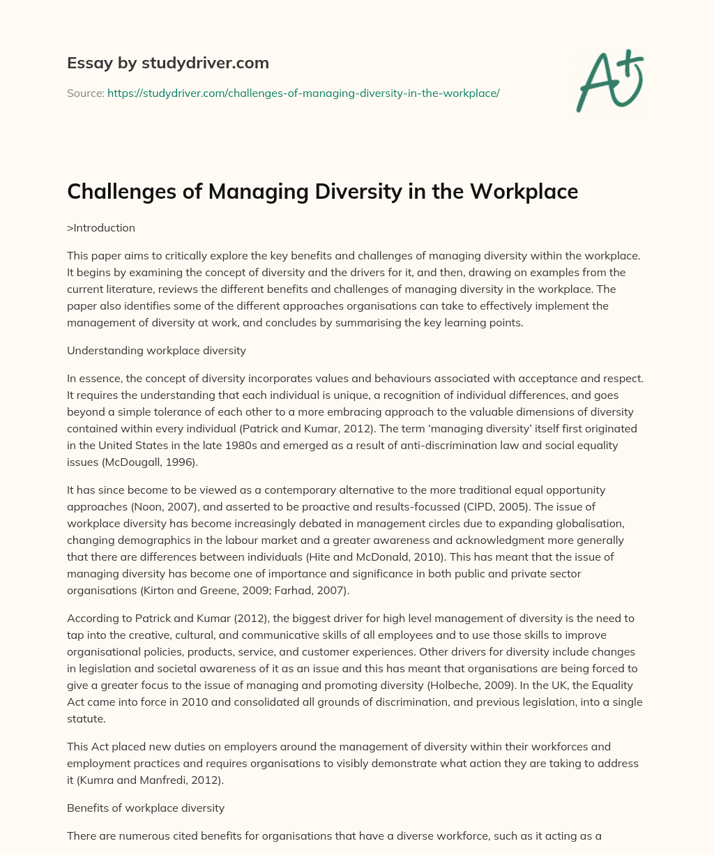 Challenges of Managing Diversity in the Workplace essay