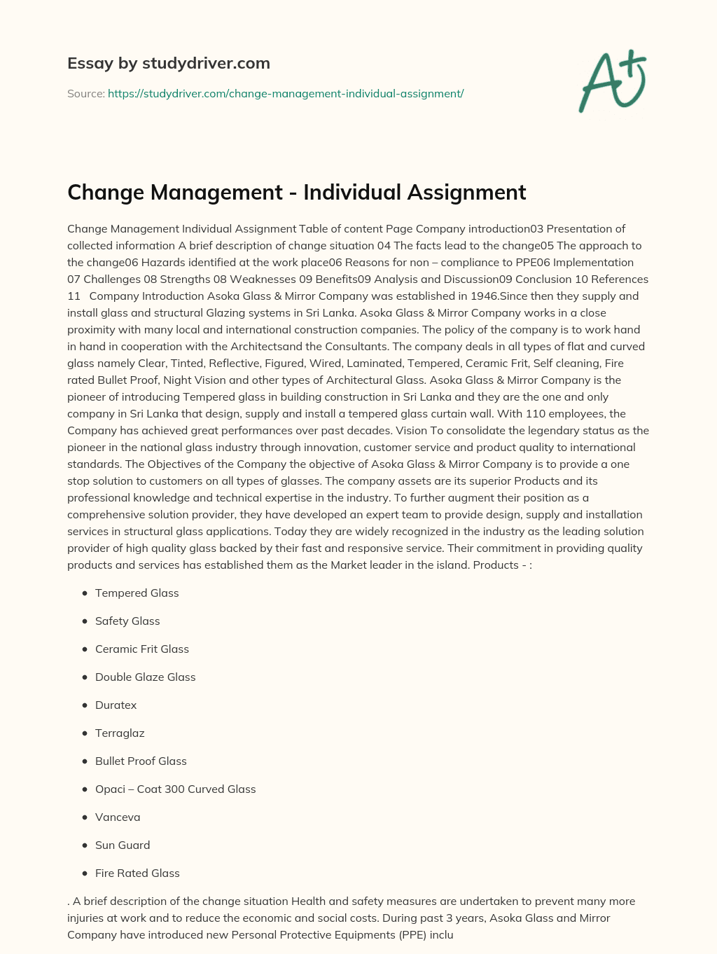 Change Management – Individual Assignment essay