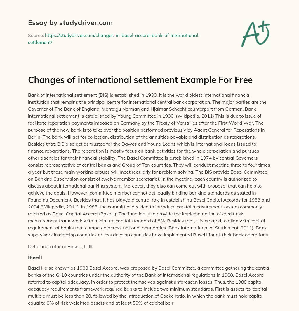Changes of International Settlement Example for Free essay