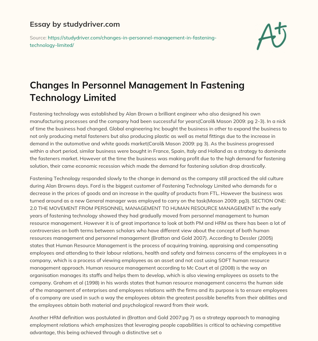 Changes in Personnel Management in Fastening Technology Limited essay