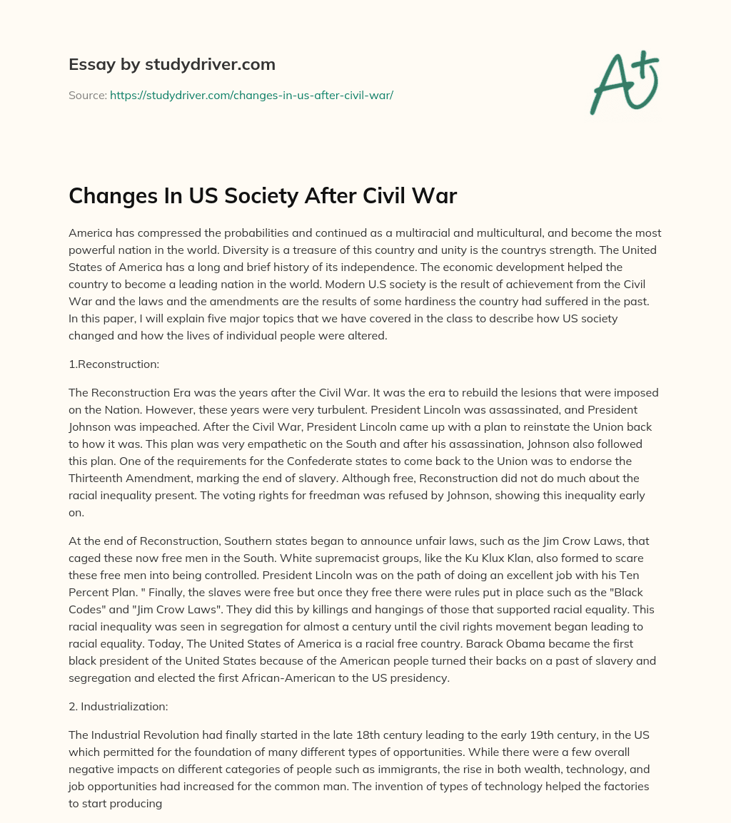 Changes in US Society after Civil War essay