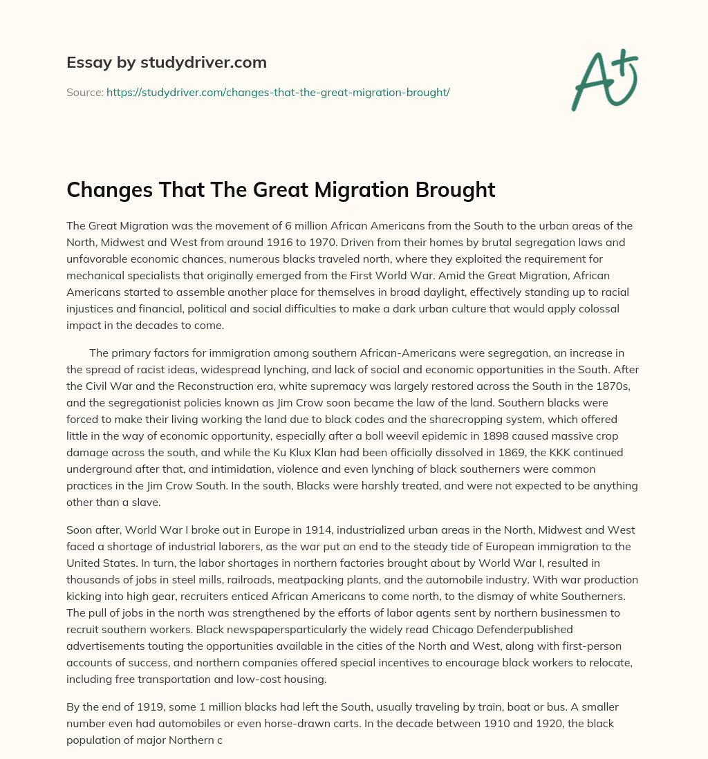 Changes that the Great Migration Brought essay