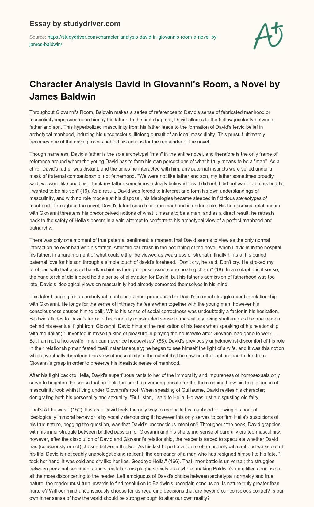 Character Analysis David in Giovanni’s Room, a Novel by James Baldwin essay