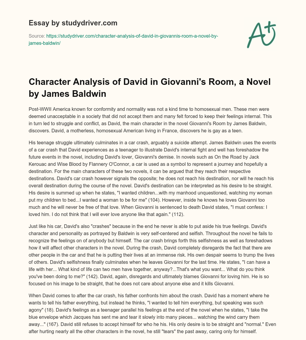 Character Analysis of David in Giovanni’s Room, a Novel by James Baldwin essay