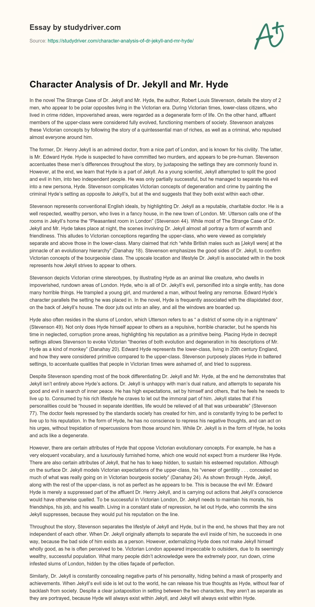 Character Analysis of Dr. Jekyll and Mr. Hyde essay