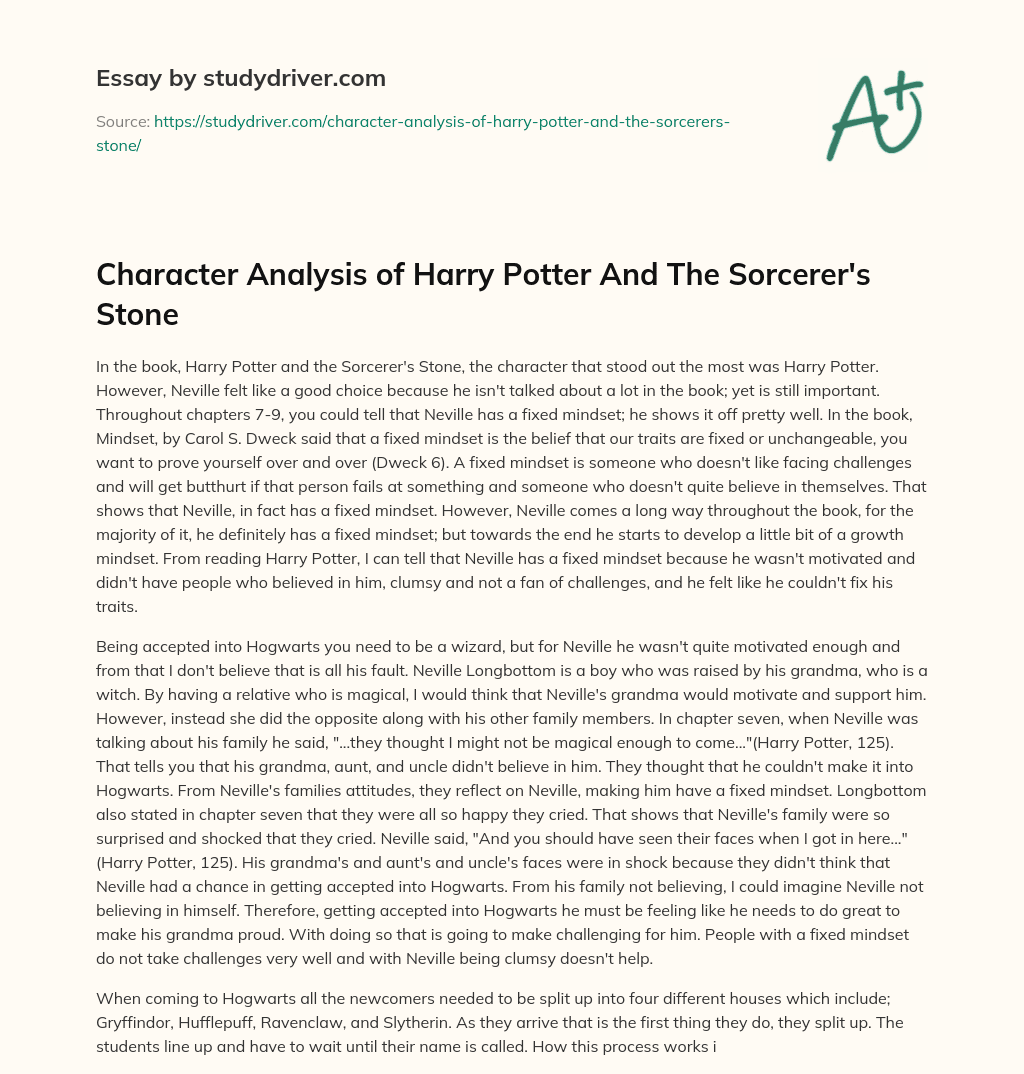 Character Analysis of Harry Potter and the Sorcerer’s Stone essay