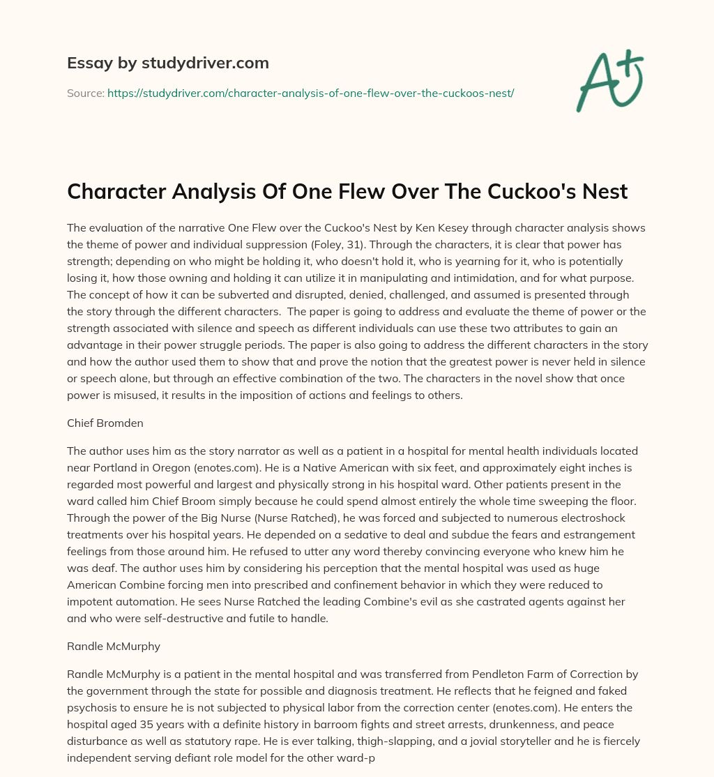 Character Analysis of One Flew over the Cuckoo’s Nest essay