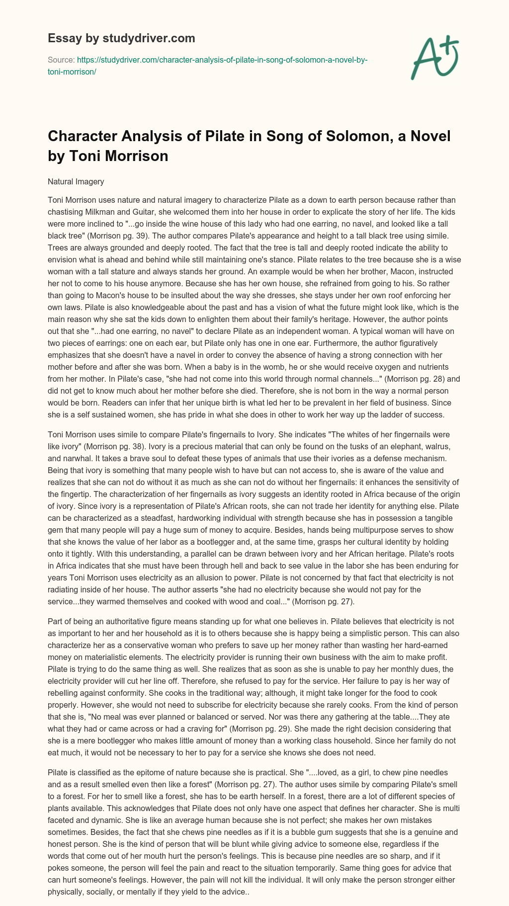 Character Analysis of Pilate in Song of Solomon, a Novel by Toni Morrison essay