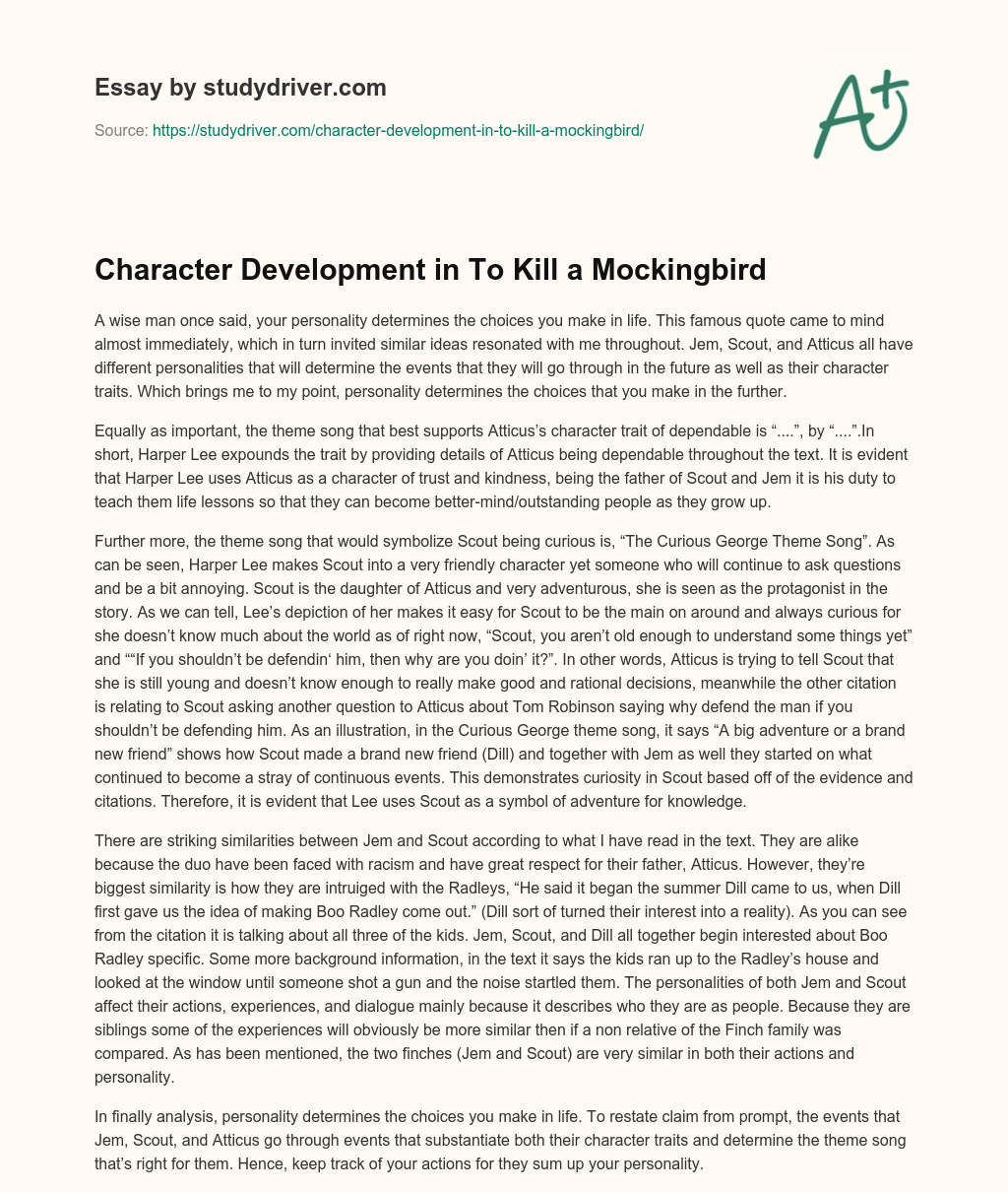 Character Development in to Kill a Mockingbird essay