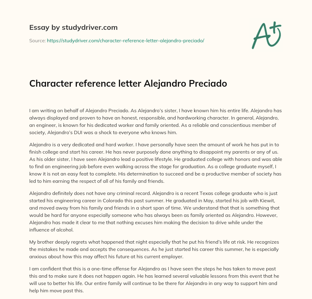 Character Reference Letter  Alejandro Preciado essay