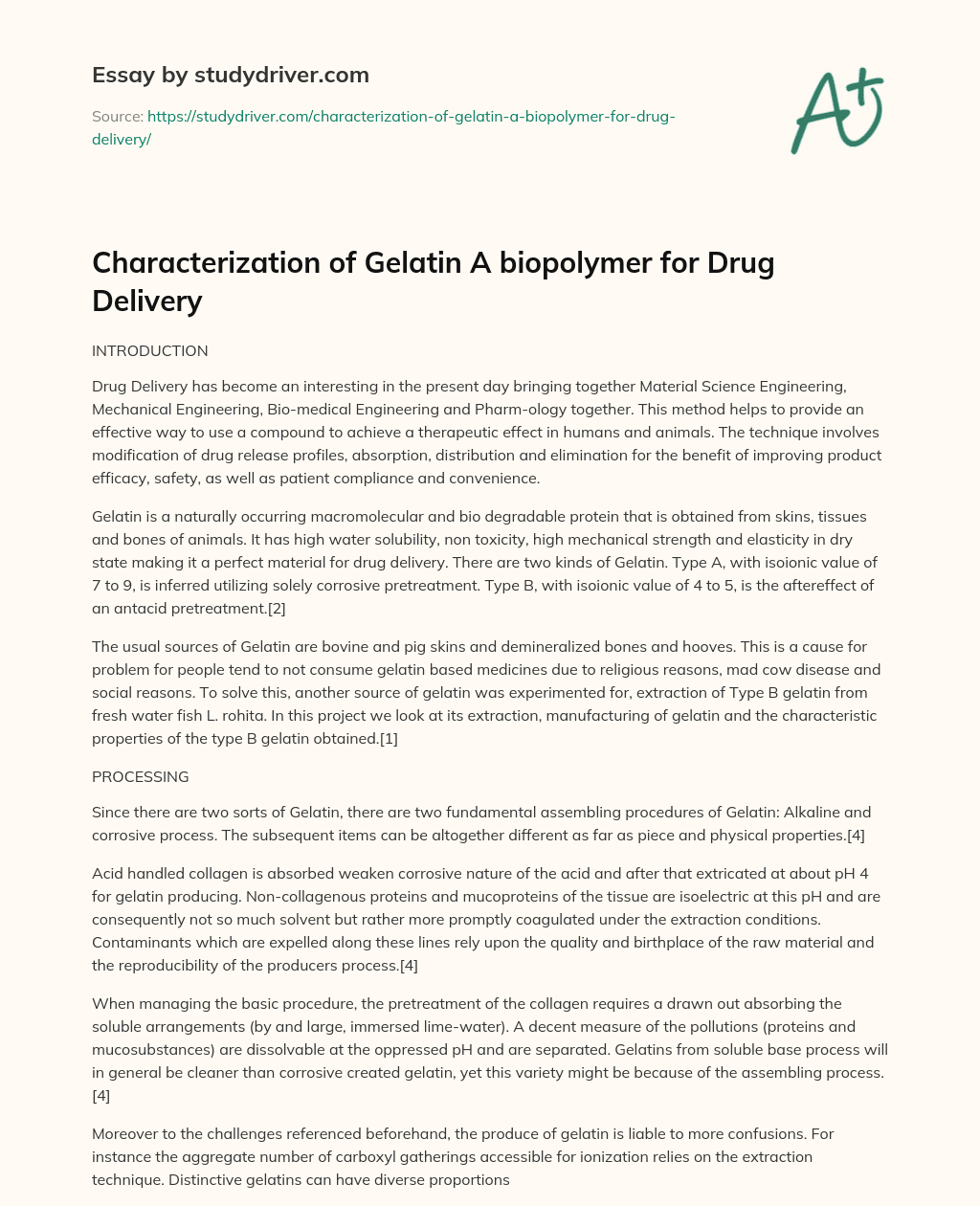 Characterization of Gelatin a Biopolymer for Drug Delivery essay