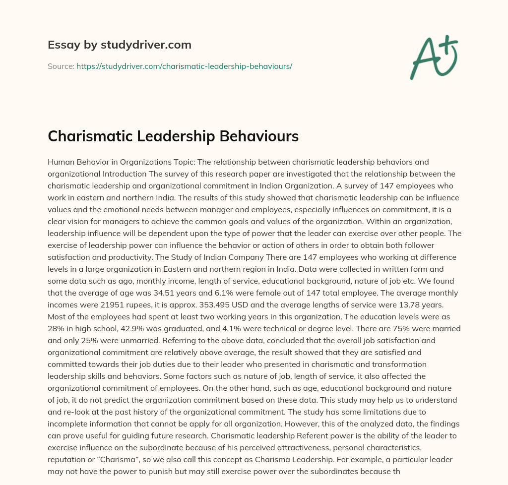 Charismatic Leadership Behaviours essay