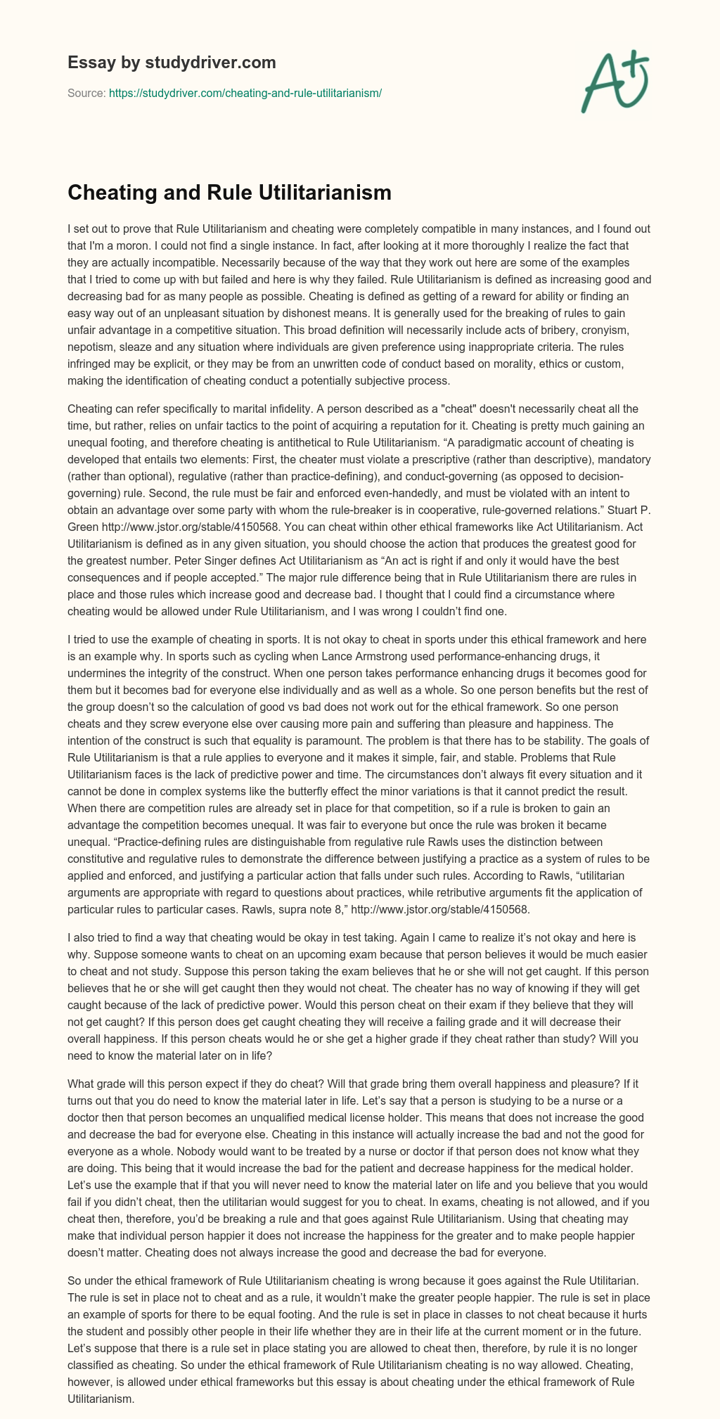 Cheating and Rule Utilitarianism essay