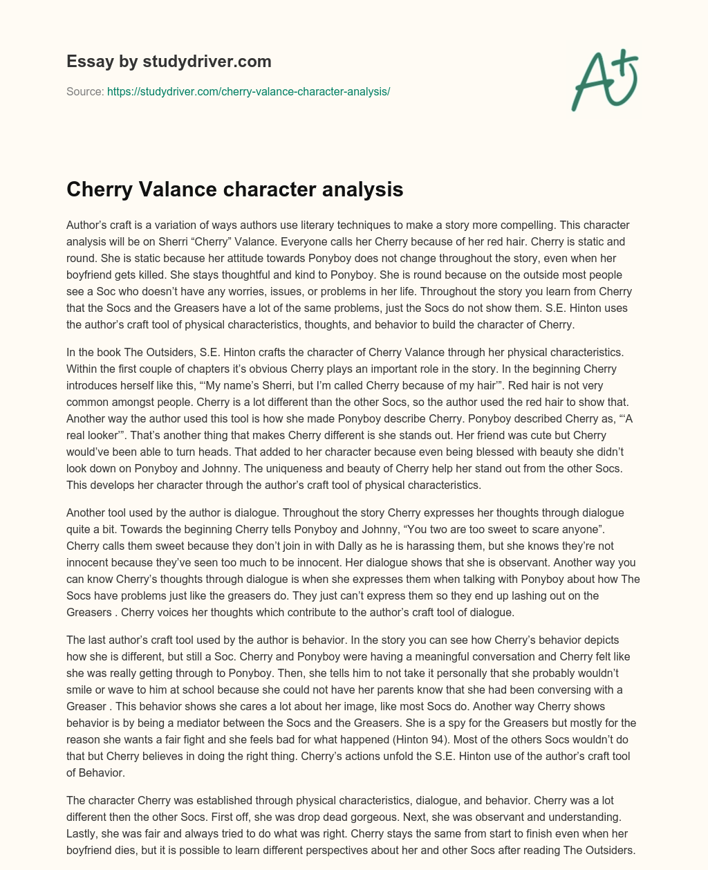 Cherry Valance Character Analysis essay