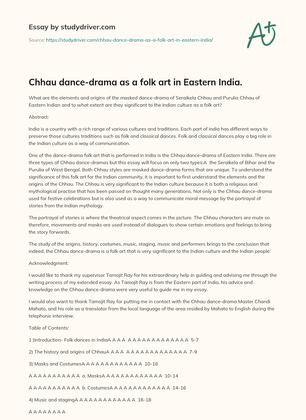 Chhau Dance-drama as a Folk Art in Eastern India. essay