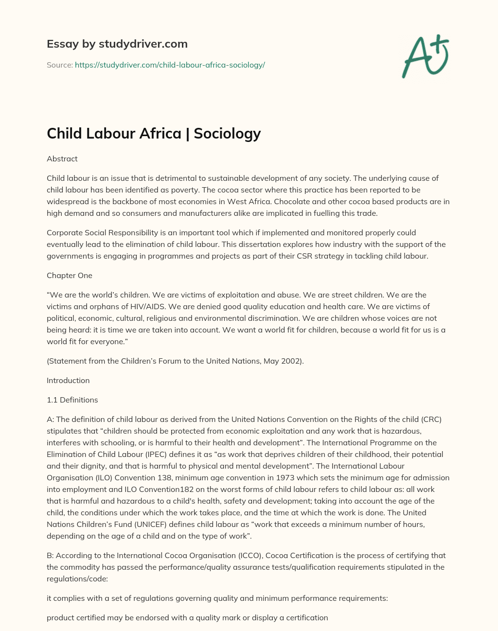 Child Labour Africa | Sociology essay