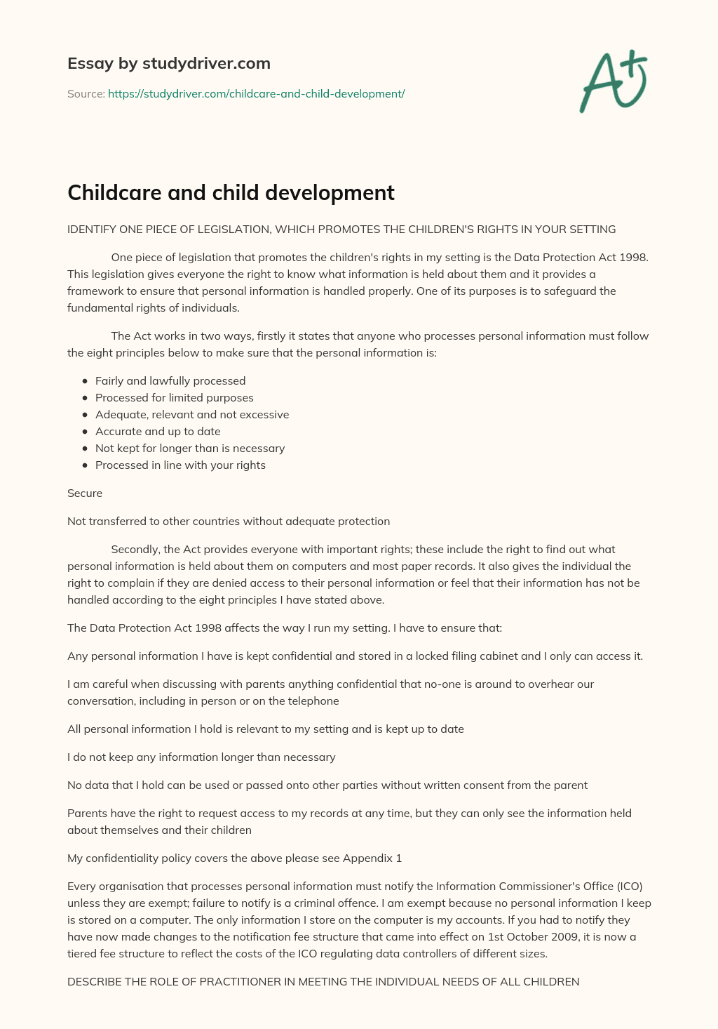 Childcare and Child Development essay