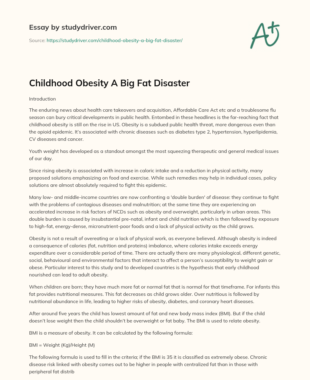 Childhood Obesity a Big Fat Disaster essay