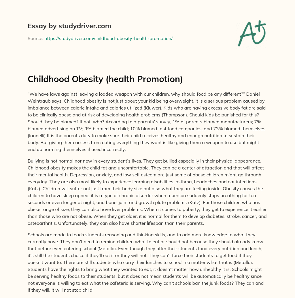 Childhood Obesity (health Promotion) essay