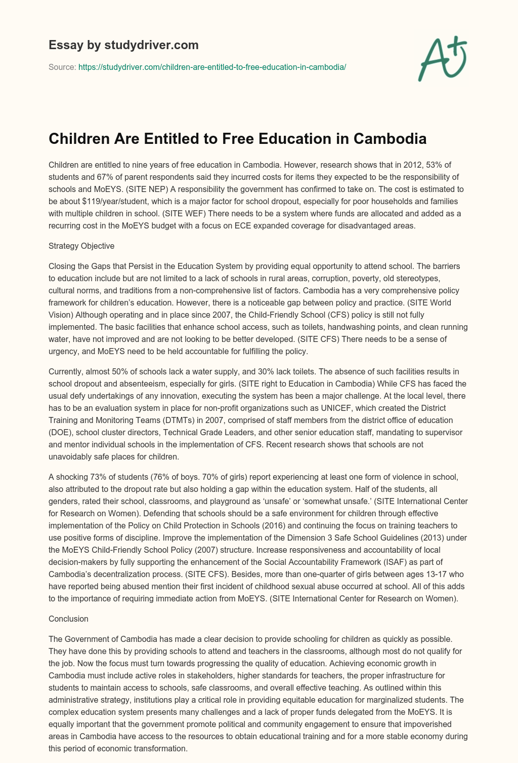 Children are Entitled to Free Education in Cambodia essay