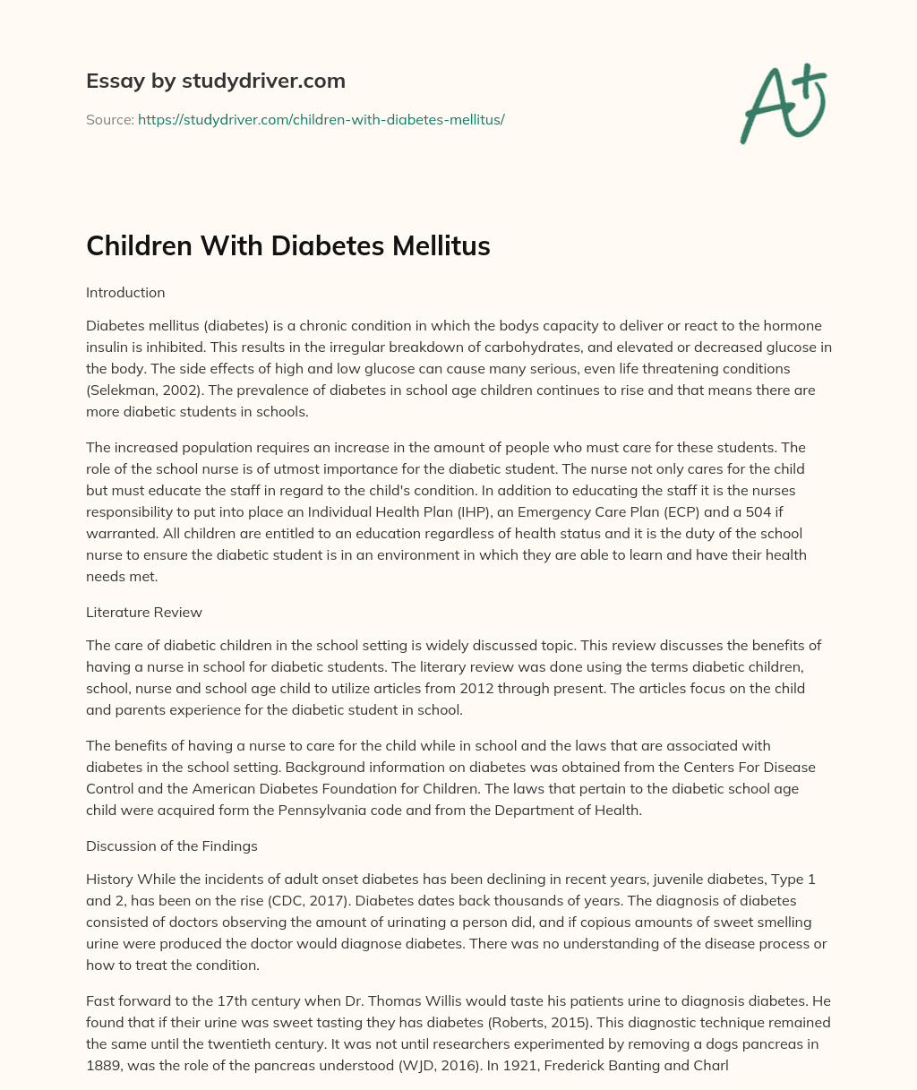 Children with Diabetes Mellitus essay