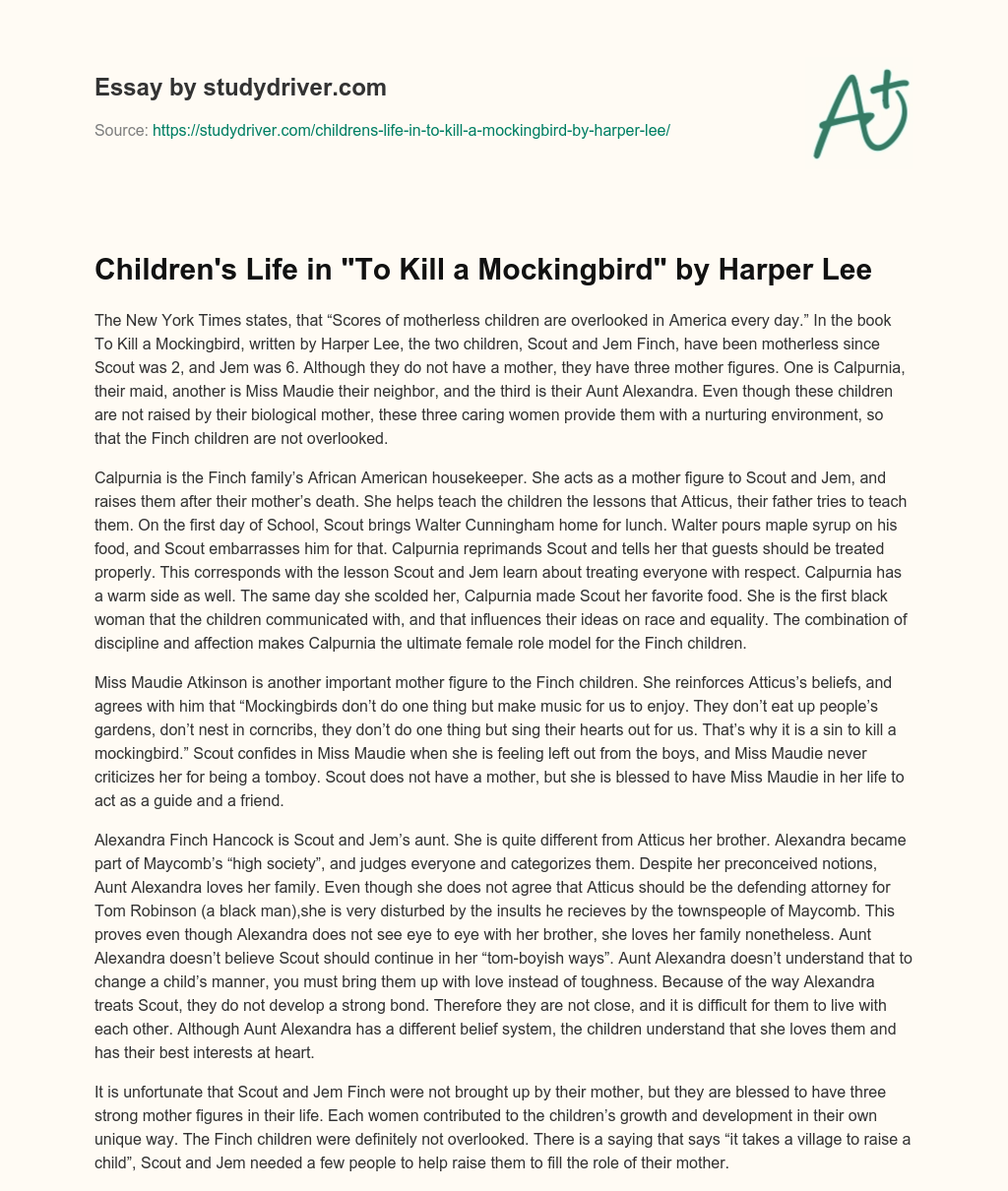 Children’s Life in “To Kill a Mockingbird” by Harper Lee essay