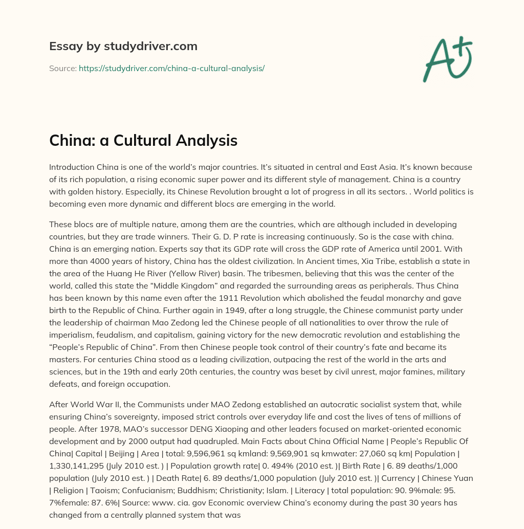 China: a Cultural Analysis essay