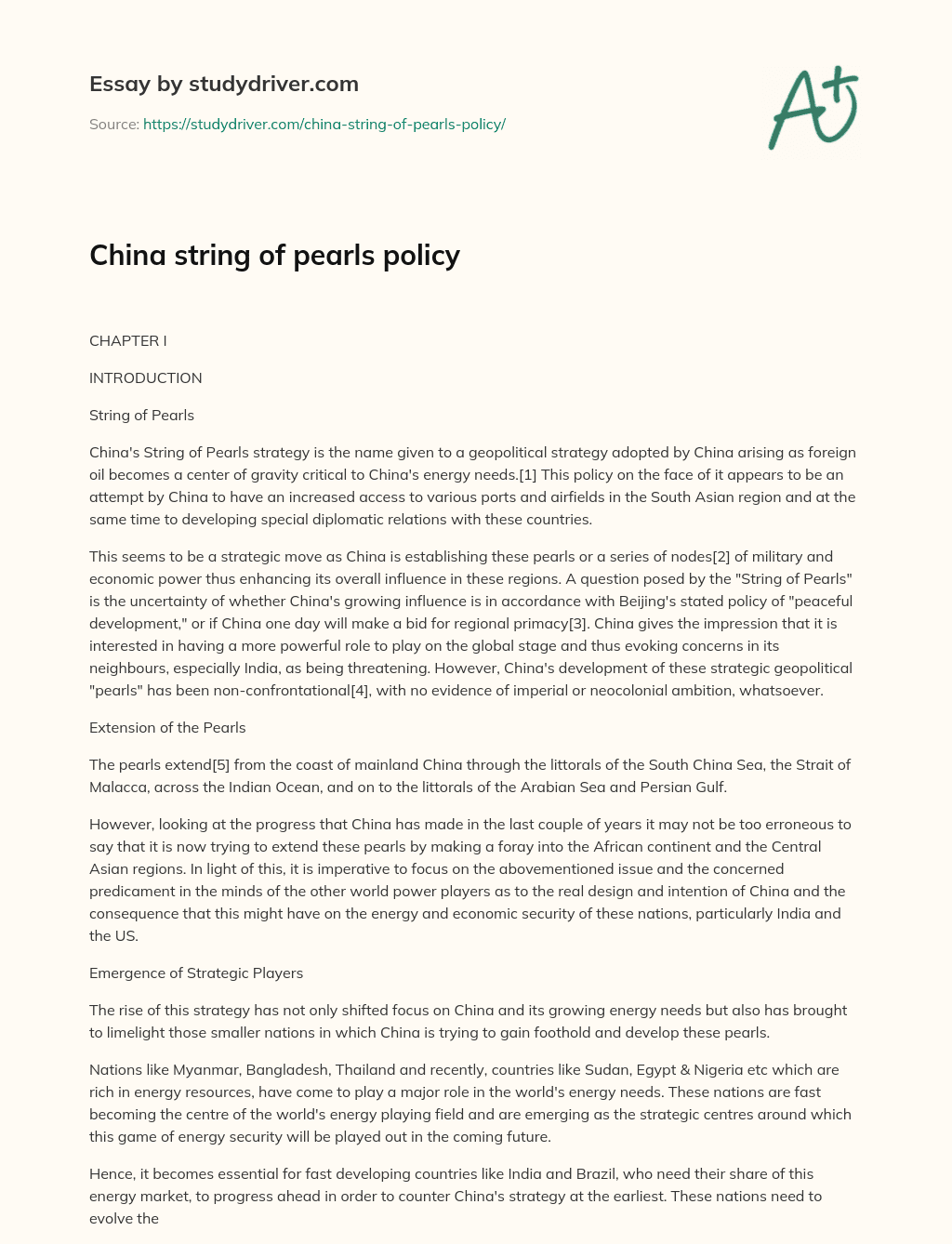 China String of Pearls Policy essay